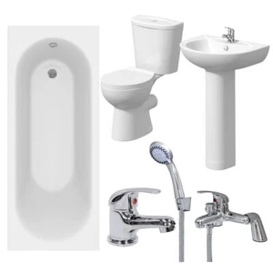 Bathroom Suite 1600mm White Curved Bath Toilet WC Basin Sink Tap Shower Mixer - Picture 1 of 14