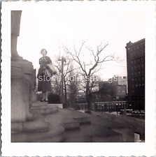 Old Found Photo - 50s - Woman Holds Winter Jacket Dead Trees In The Big City