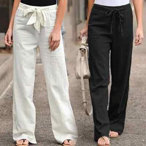Women Cotton Linen Casual Pants Summer Fashion Drawstring Elastic Waist Loose... - Picture 1 of 29