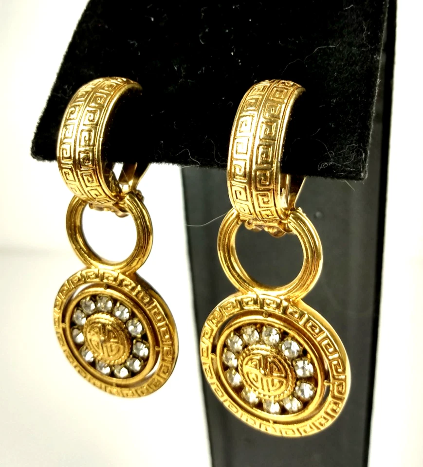 Vtg Premier Designs Greek Key Clip On Gold Tone 2 In 1 Rhinestone Earrings - Image 1 of 4