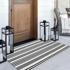 Black and White Striped Outdoor Rug 3’X5’ Cotton Modern Front Porch Door Mat - Picture 1 of 12