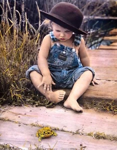 (11 x 14) Art Print PH259 Nora Hernandez Little Boy on Dock with Frog - Picture 1 of 1
