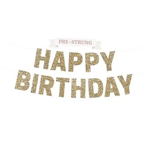Pre-strung Happy Birthday Banner - No DIY - Gold Glitter Birthday Party Banner - Picture 1 of 8