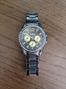 FOSSIL RILEY ES3205 BLACK STAINLESS GOLD ACCENT & SWAROVSKI CRYSTAL BEZEL - Picture 1 of 6