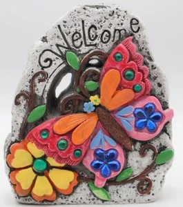 Vtg Unique Garden Decor MCM Welcome Rock w/ Butterfly & Flower Colored Stones - Picture 1 of 6