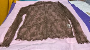 Ugerlov Damenbluse Langarm Daumenloch Stehkragen transparent braun Blumen Spitze M - Bild 1 von 7