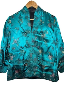 Vintage 60s Reversible Silk Jacket *Small* PEONY Green Oriental Satin Blazer - Picture 1 of 16