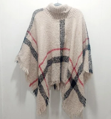 Poncho Tan, Black & Red Stripe, Fringed Ends Turtleneck Sweater Open Knit Size L - Image 1 of 4
