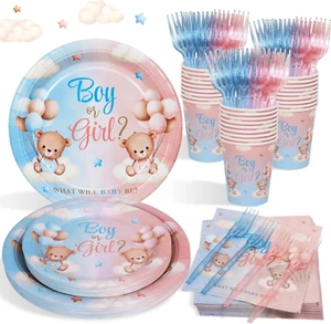 120 Pezzi Gender Reveal Decorations Piatto Di Carta Orso Set, Boy or Girl Gender - Foto 1 di 12