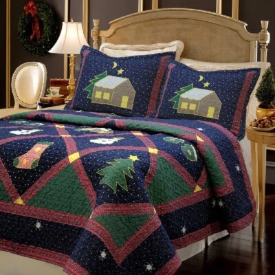 Queen Quilt Set Patchwork Blue Green Red Cotton Christmas Night Bedding Cover - Image 1 of 4