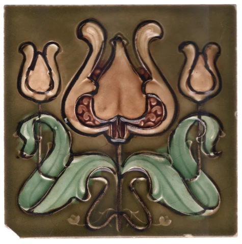 Henry Richards - c1904 - Triple Tulip Floral - Antique - Art Nouveau - Tile Cover