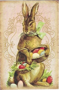 Vintage Easter Postcard RETRO Antique NEW REPRINT Brown Bunny Rabbit Basket Eggs - Picture 1 of 2