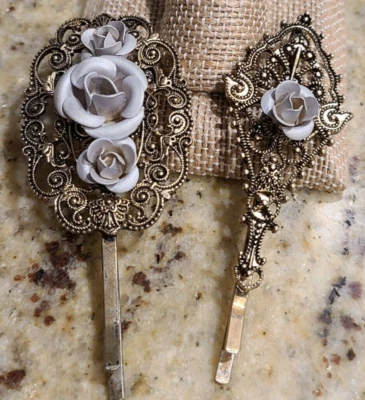 Gray Rose Flower Hair Pins Hair Clip Floral Bobby Pin Ornate Gold Tone Vintage  - Image 1 of 4