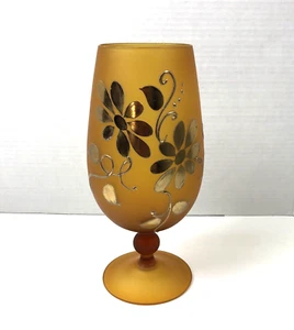 Vintage Mid Century Amber  Frosted Glass Vase With Hand Painted Flowers 10" High - Picture 1 of 12