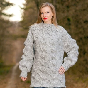 Thick gray wool sweater designer warm hand knitted pullover SUPERTANYA - Picture 1 of 7