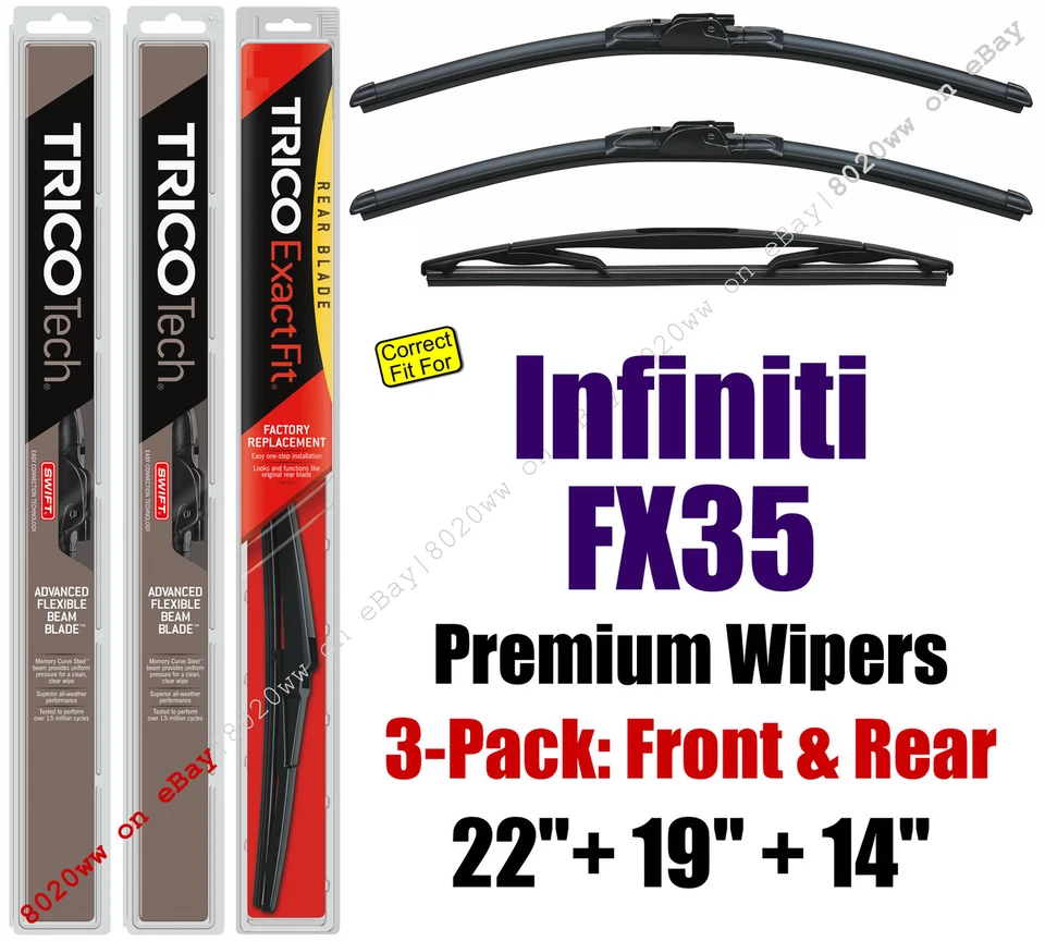 Wipers 3-Pack Premium Front Rear - fit 2009-2010 Infiniti FX35 - 19220/190/14B - Image 1 of 1