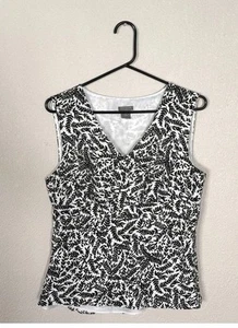 Ann Taylor Linen Blend Top Size 8 Sleeveless Black White Leaf Print V- Neck - Picture 1 of 8