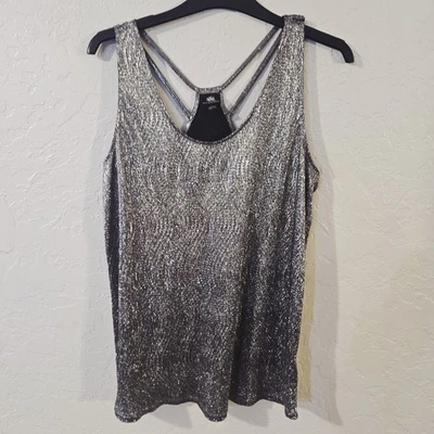 Rock & Republic Metallic Silver Shimmer Black Racerback Tank Top Small Strappy - Image 1 of 4