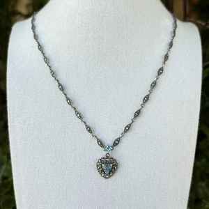 "Collar de colección 925 marcasita topacio azul corazón colgante plata de ley 17""" - Imagen 1 de 8