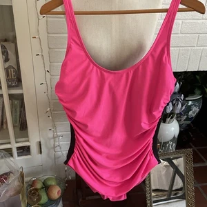 Costume da bagno DKNY pezzo unico SLIMMING donna 14 nuovo senza etichette $98 rosa caldo neon cut out mesh - Foto 1 di 10