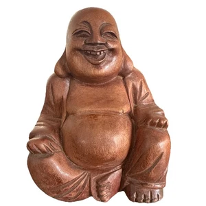 Laughing Buddha Statue Figure Handcarved Wood 7” - Picture 1 of 7