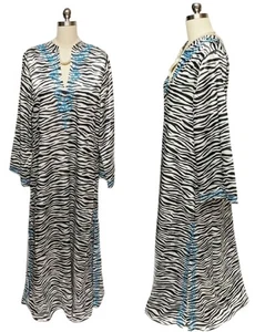 NEU - IMAN SCHWARZ & WEISS ZEBRA MIT TÜRKIS STICKEREI KAFTAN LIEGE POOL KLEID - Bild 1 von 8