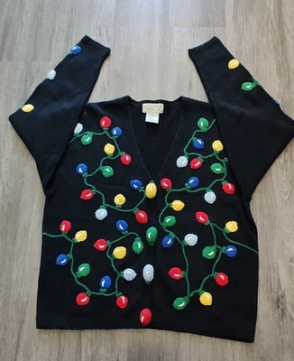 Vintage Mandal Bay Black Cardigan Ugly Christmas Sweater Work Party Med Holiday  - Image 1 of 4
