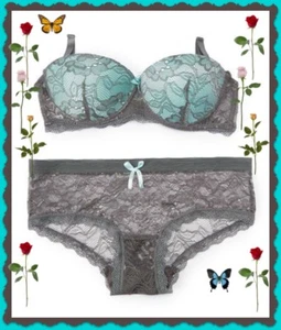 34B Grey Gray Lace Blue pad PU Convertible Multiway UW Bra Bikini Pantie SET - Picture 1 of 1