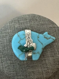 Native American Signed Carolyn Pollack Sterling Silver Turquoise Bear Brooch Pin - Picture 1 of 2