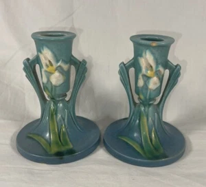 VTG Pair 1939 Roseville Pottery Blue Iris Candle Holders Pottery  1135 Art Deco - Picture 1 of 22