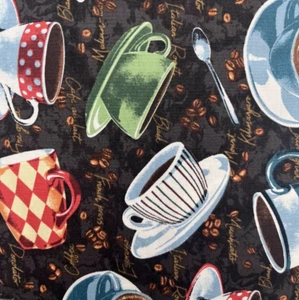 Coffee Cup & Beans Fabric - Black Retro Café Theme - 100% Cotton - Picture 1 of 2