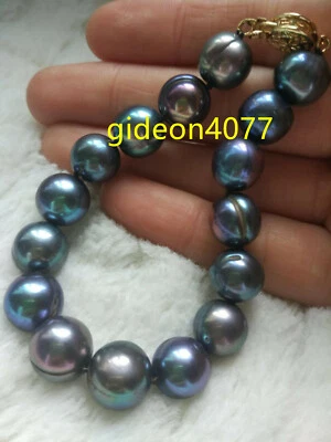 Huge  BAROQUE  12-11MM  GENUINE BLACK GREEN  PEARL BRACELET 14K GOLD CLASP - Image 1 of 4