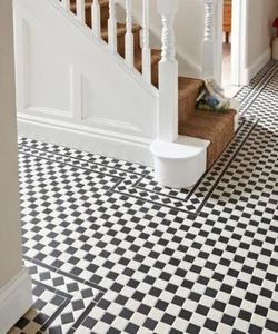Victorian Black & White Chequer Meshed Porcelain Tiles Pathway Hallway Floor - Picture 1 of 14