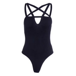 Womens Sleeveless Leotard Bodysuit Strap Star Cross Body Harness Top Gothic - Picture 1 of 9