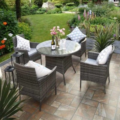 SIGNZWORLD Rattan Garden Furniture Set 4 Seater with Round Dining Table Chairs for Outdoor