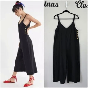 Urban Outfitters Marta Linen Side Button Black Crop Wide Leg Jumpsuit Medium - Picture 1 of 11