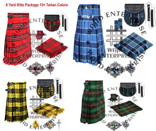 Scottish Multi Tartan 8 yard Kilt with Sporran and Thistle design Accessories
