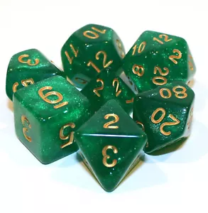 Juego de 7 Piezas Dados Poliédricos Brillo Verde Oscuro con Números Dorados - Bolsa Verde - Imagen 1 de 2