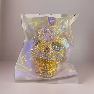 Iced Skull Pendant Gold Plated Cubic Zirconia Stainless Steel - Picture 1 of 2