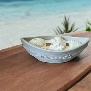 Handcrafted Cement Boat Candle - Pink Sands Scent - Seashell Decor - Candle Gift - Picture 1 of 5