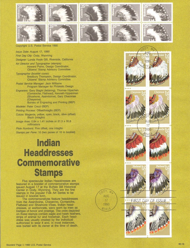 #9016 25c Indian Headdresses Stamps #2501-2505a USPS Souvenir Page - Image 1 of 1