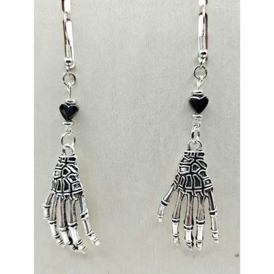 Skeleton Hand Dangle Drop Earrings Hematite Heart Gothic Halloween Handmade - Image 1 of 4
