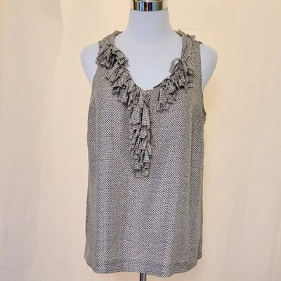 Blusa pulóver J Crew 100 % seda negra crema geométrica con flecos cuello en V talla 8 Foto 1 de 4