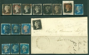 1840 1d blacks x8 & 2d blues x7. Gut gebraucht, Ränder variieren, Zustand gemischt - Bild 1 von 2