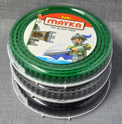 Zuru Mayka Toy Block Tape Lot of 3 LEGO Compatible Rolls 6.5ft Green Grey Black - Image 1 of 4