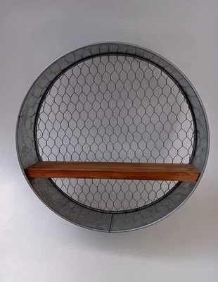 Rustic Shelf Galvanized Steel Round Barrel With Wood Shelf Country Cottage 18 " - Image 1 of 4