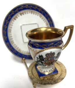 Antique Demitasse Cup & Saucer by Baensch Lettin Germany Coat of Arms Gold Gilt - Picture 1 of 9