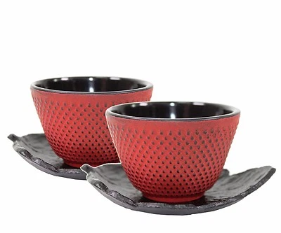 Sado Black Leaf Tea Saucer Red Cast Iron Teacup Hobnail Dot Japanese 2 sets - Image 1 of 4