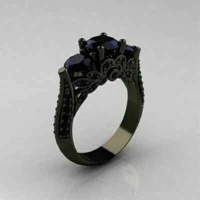 3.00CT Round Cut Lab-Created Black Spinel Engagement Rings 14K Black Gold Plated - Image 1 of 4