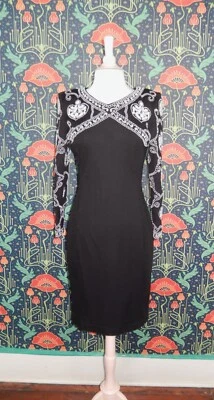 Vintage 80's 90's Black White Knit Embroidered Pearl Bead Baroque Sweater Dress - Image 1 of 4